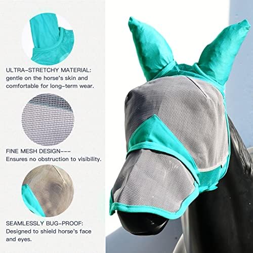 Маска HUIRHUIR Horse Fly Mask, Дълъг нос, с Уши, защита от ултравиолетови лъчи, Подвижни клапан за носа-Сиво-син (XL,